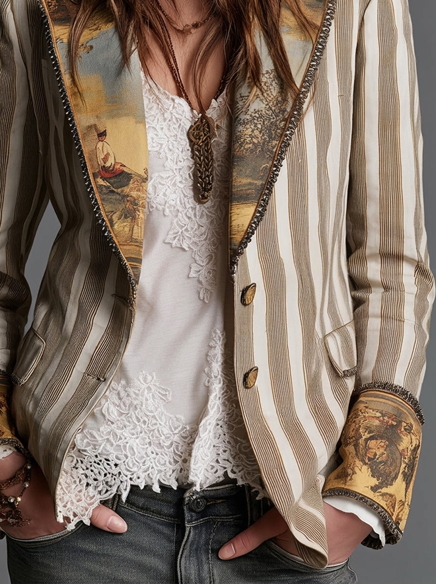 Sara — Blazer Bohemio a Rayas con Cuello Estampado
