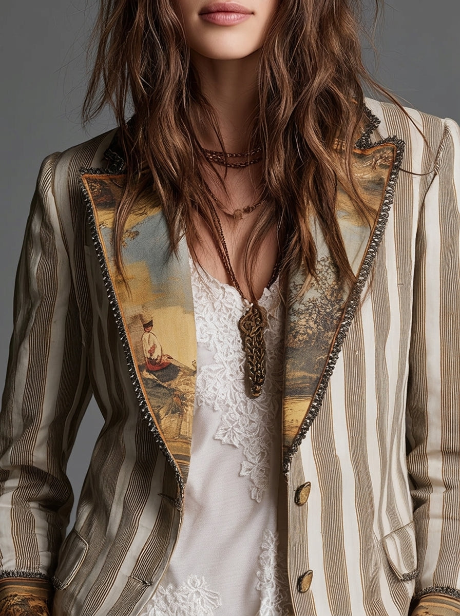 Sara — Blazer Bohemio a Rayas con Cuello Estampado