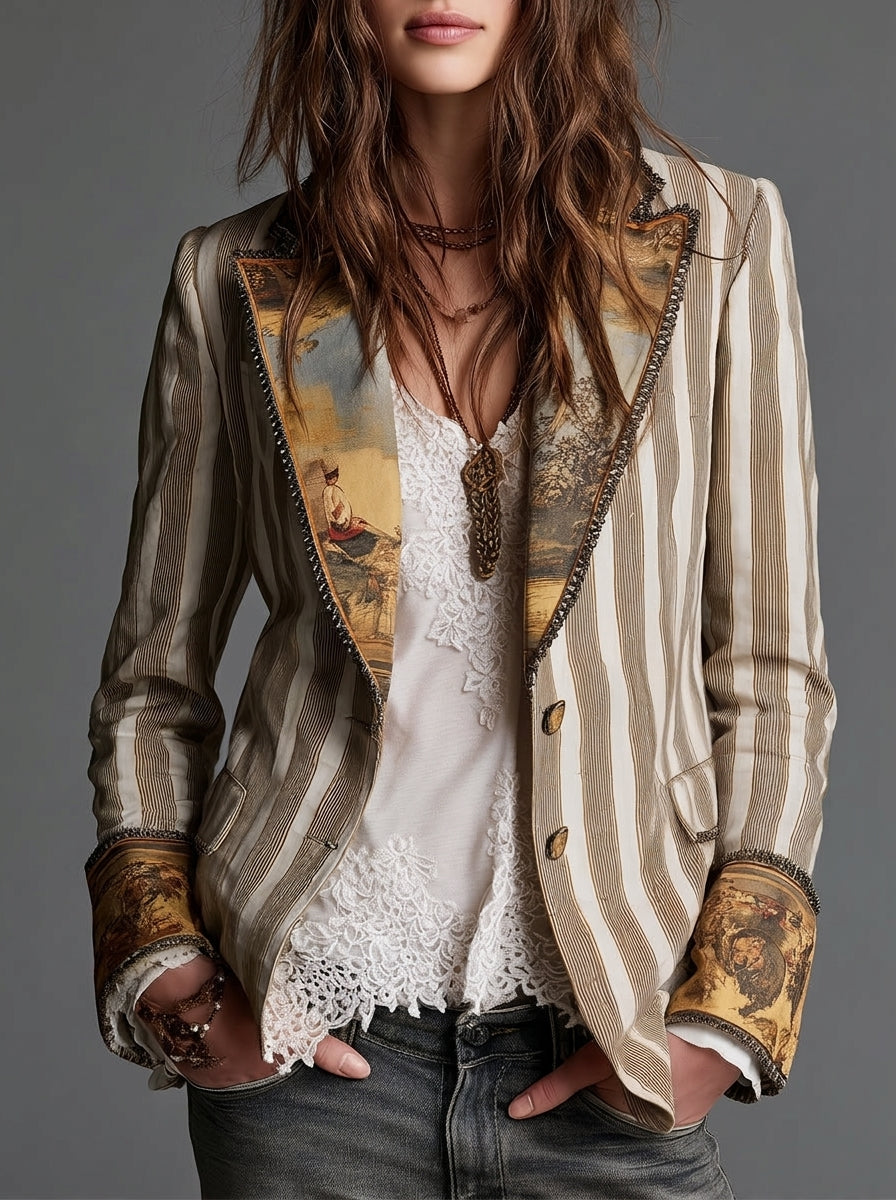 Sara — Blazer Bohemio a Rayas con Cuello Estampado
