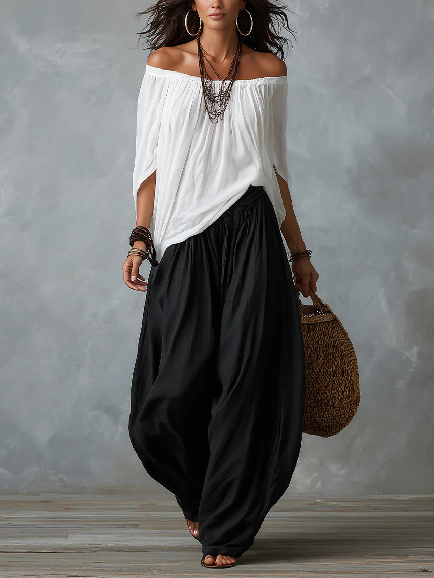 Conjunto Blanco Hombros Descubiertos y Pantalón Lantern