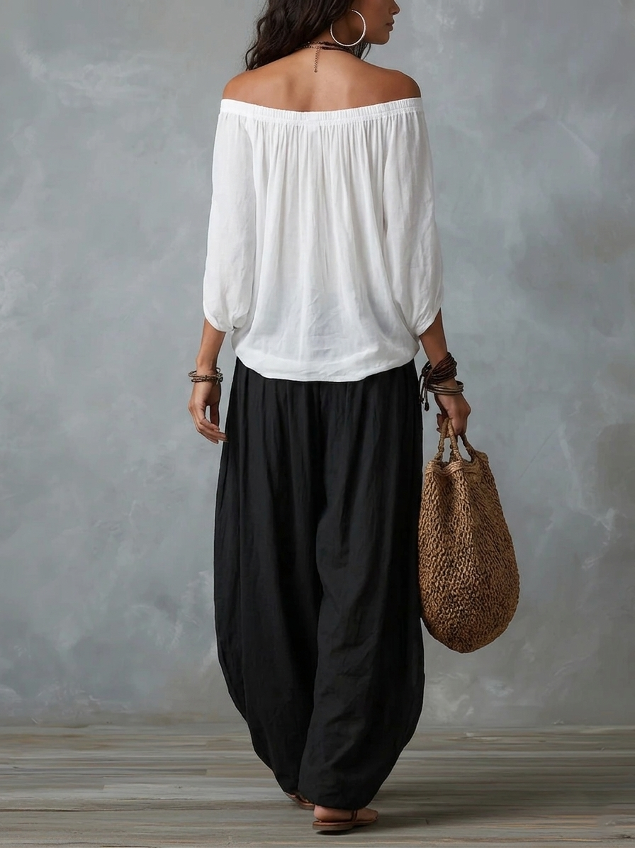 Conjunto Blanco Hombros Descubiertos y Pantalón Lantern