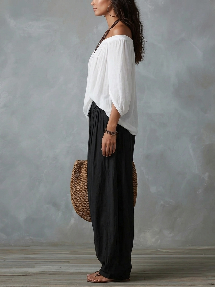 Conjunto Blanco Hombros Descubiertos y Pantalón Lantern